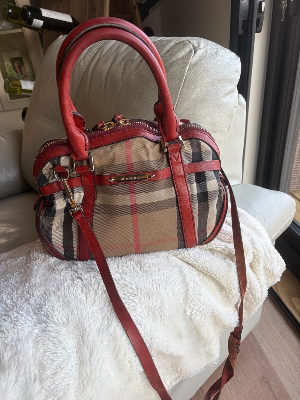 Burberry Beige Check Satchel with Red Trim
